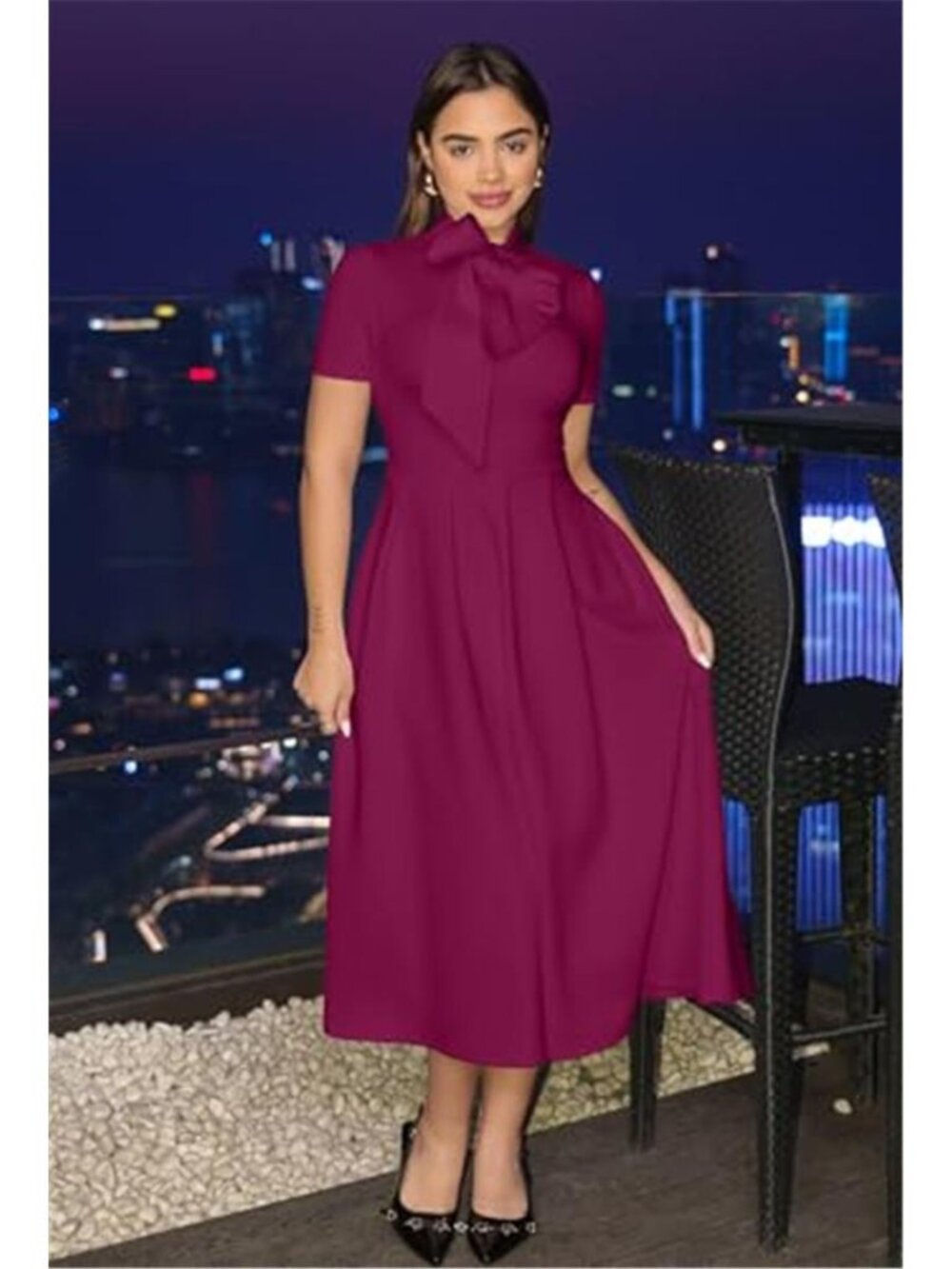 Women's Elegant Casual Short Sleeve A-Line Dress with Pockets - Picture 2 of 5